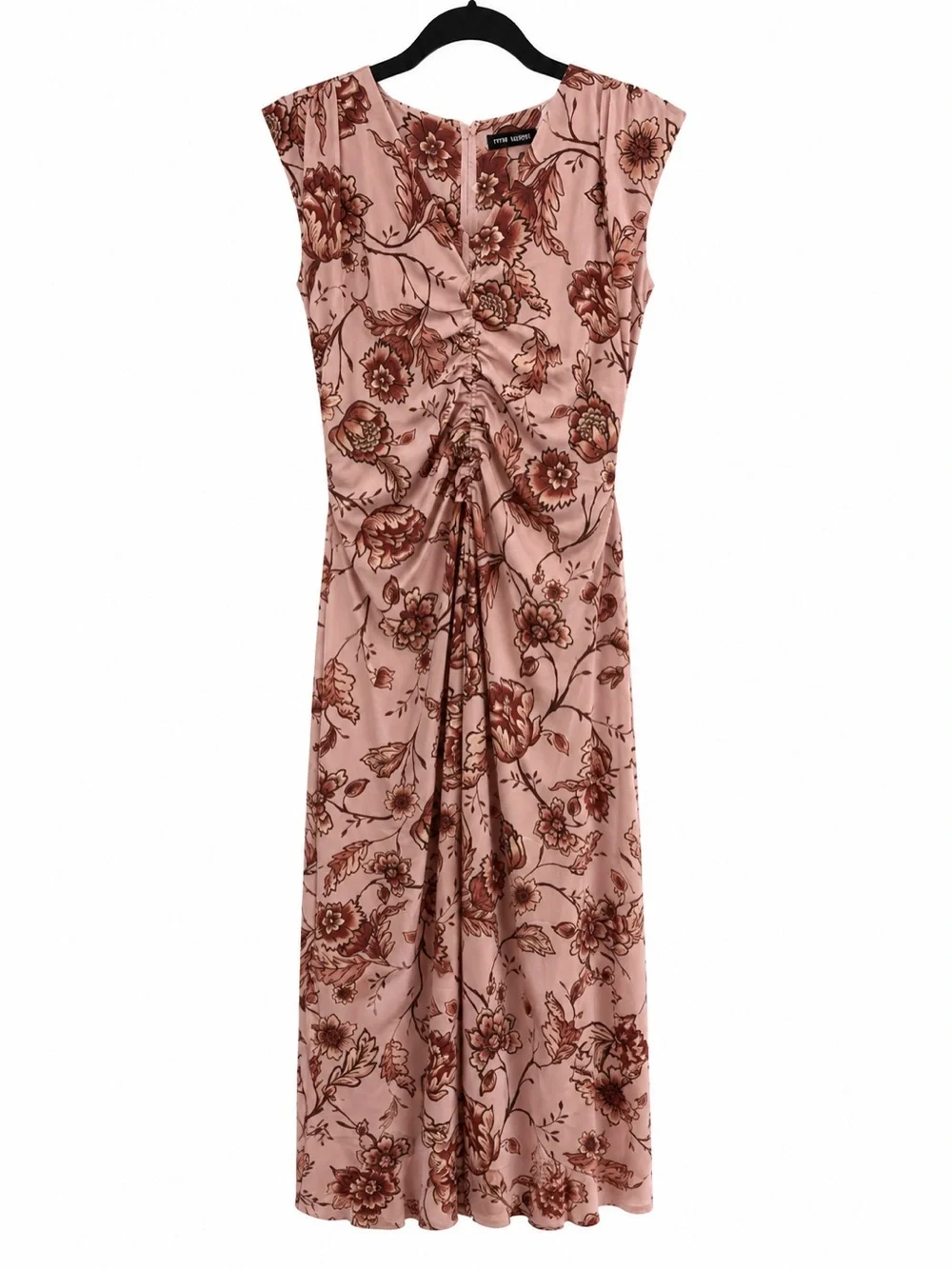 NWT Steve Madden Floral Midi Dress Pink Ruched Front V-Neck CapSleeve Size M $99